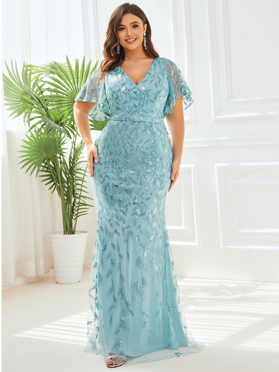 Meerjungfrau/Trompete Abendkleid Glitzerkleid Formal Bodenlang Kurzarm V-Ausschnitt Herbst Hochzeitsgast Tüll mit Pailletten
